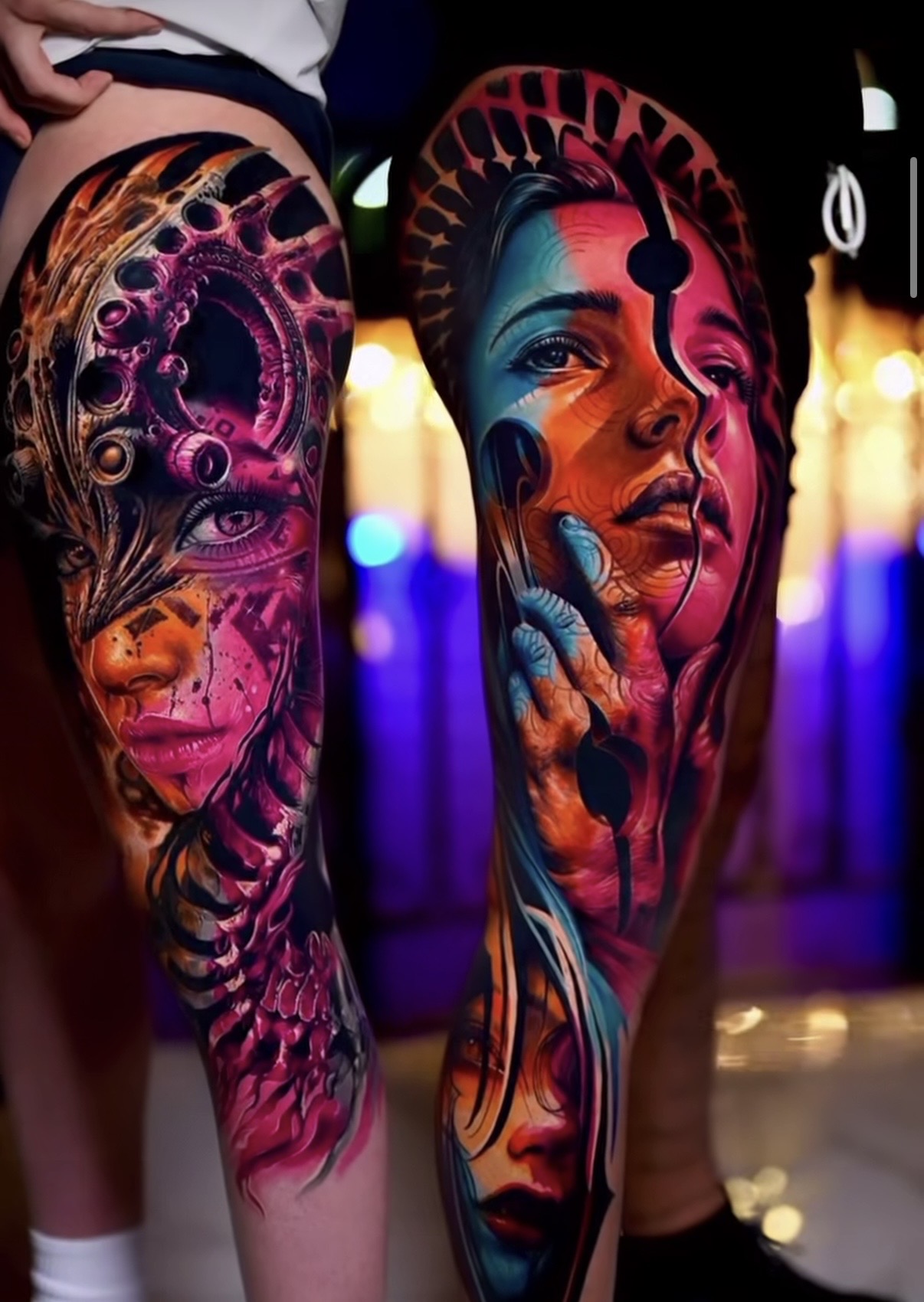 Color realism sleeve tattoo — retratos surrealistas biomecánicos